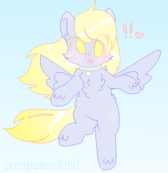 Size: 1236x1274 | Tagged: safe, artist:cutiesparke, derpy hooves, pegasus, pony, g4, bell, blushing, chest fluff, collar, cute, derpabetes, ear fluff, female, flying, gradient background, heart, lightly watermarked, looking at you, no pupils, simple background, sky, solo, spread wings, watermark, windswept mane, wings