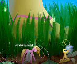Size: 3000x2500 | Tagged: safe, artist:darky_wings, fluttershy, breezie, anthro, plantigrade anthro, comic:troubles of being breezie, g4, comic, commission, dialogue, feet, female, fluttershy's cottage, garden, giantess, grass, high res, looking at someone, macro, micro, nail polish, sandals, tiny, toenail polish, toes, water, wet