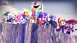 Size: 1280x720 | Tagged: safe, artist:cyberothedge, applejack, big macintosh, derpy hooves, fluttershy, maud pie, pinkie pie, rainbow dash, rarity, spike, sunset shimmer, twilight sparkle, alicorn, earth pony, pegasus, pony, unicorn, g4, 3d, alushy, anime, attack on titan, cliff, crossover, gundam, kill la kill, mane seven, mane six, soul eater, source filmmaker