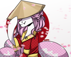 Size: 2688x2160 | Tagged: safe, artist:juiss, oc, oc only, lamia, original species, hat, high res, petals, samurai, straw hat