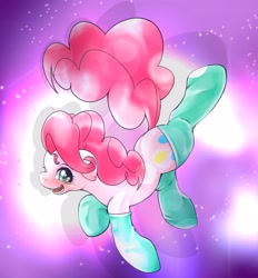 Size: 1900x2048 | Tagged: safe, artist:kurogewapony, pinkie pie, earth pony, pony, g4, abstract background, blushing, clothes, cute, diapinkes, female, looking at you, mare, open mouth, open smile, simple background, smiling, smiling at you, socks, solo
