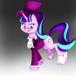 Size: 1575x1575 | Tagged: safe, artist:zeon_starlight, snowfall frost, starlight glimmer, pony, unicorn, g4, alternate hairstyle, clothes, female, frock coat, glasses, gradient background, hat, jabot, mare, s5 starlight, shirt, solo, spats, top hat