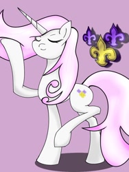 Size: 768x1024 | Tagged: safe, alternate version, artist:zeon_starlight, fleur-de-lis, pony, unicorn, g4, cutie mark, eyes closed, female, horn, mare, pink background, raised hoof, simple background, smiling, solo