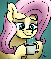 Size: 1132x1308 | Tagged: safe, artist:doodledonutart, fluttershy, pony, g4, bust, cup, female, food, gradient background, hoof hold, looking at something, looking down, mare, smiling, solo, tea, teacup, three quarter view