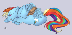 Size: 2039x990 | Tagged: safe, artist:natt333, rainbow dash, pegasus, pony, fall weather friends, g4, angry, bound wings, butt, digital art, gritted teeth, plot, solo, tied, tied up, vein, vein bulge, wings