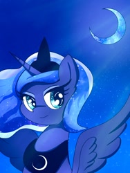 Size: 768x1024 | Tagged: safe, artist:zeon_starlight, princess luna, alicorn, pony, g4, bust, crescent moon, ethereal mane, female, horn, jewelry, looking at you, mare, moon, night, night sky, regalia, sky, smiling, smiling at you, solo, sparkly eyes, sparkly mane, spread wings, wingding eyes, wings