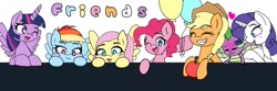Size: 1500x500 | Tagged: safe, artist:zeon_starlight, applejack, fluttershy, pinkie pie, rainbow dash, rarity, spike, twilight sparkle, alicorn, dragon, earth pony, pegasus, pony, unicorn, g4, :3, apple, applejack's hat, balloon, blushing, blushing profusely, cowboy hat, emanata, eyes closed, female, food, freckles, friends, hat, heart, hoof hold, horn, looking at someone, looking at you, looking down, male, mane seven, mane six, mare, one eye closed, open mouth, open smile, smiling, spread wings, text, tongue out, twilight sparkle (alicorn), wings, wink, winking at you