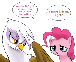 Size: 2480x2028 | Tagged: safe, artist:doublewbrothers, edit, edited screencap, screencap, gilda, pinkie pie, earth pony, griffon, pony, g4, background removed, high res, not a vector, simple background, speech bubble, transparent background