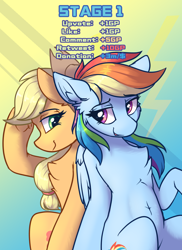 Size: 1600x2200 | Tagged: safe, artist:ravistdash, applejack, rainbow dash, earth pony, pegasus, pony, g4, belly button, chest fluff, female, growth drive, hat, lesbian, looking at each other, looking at someone, macro, ship:appledash, shipping, sitting, smiling, smirk