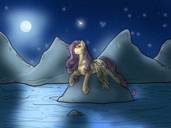 Size: 512x384 | Tagged: safe, artist:unknownfilters, fluttershy, pegasus, pony, g4, female, full moon, lying down, mare, moon, night, night sky, outdoors, prone, rock, sky, solo, spread wings, water, wings, wings down