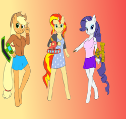 Size: 1700x1600 | Tagged: safe, artist:digigex90, applejack, rarity, sunset shimmer, anthro, unguligrade anthro, g4, clothes, duel disk, female, gradient background, skirt, trio, yu-gi-oh!
