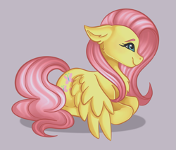Size: 1933x1640 | Tagged: safe, artist:kurochhi, fluttershy, pegasus, pony, g4, chest fluff, cute, female, floppy ears, gray background, lying, lying down, mare, ponyloaf, profile, prone, shyabetes, simple background, smiling, solo, spread wings, wings, wings down