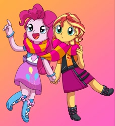 Size: 1061x1162 | Tagged: safe, artist:fruiitypieq, artist:nextlvl-adopts, artist:shycookieq, pinkie pie, sunset shimmer, equestria girls, g4, base used, clothes, duo, female, gradient background, lesbian, open mouth, scarf, shared clothing, shared scarf, ship:sunsetpie, shipping, skirt, striped scarf