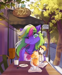 Size: 856x1024 | Tagged: oc name needed, safe, artist:saxopi, oc, oc only, pegasus, pony, cafe, cheek fluff, chest fluff, clothes, colored pupils, cup, date, detailed background, eyebrows, eyebrows visible through hair, eyelashes, food, green eyes, ice cream, ice cream sundae, looking at you, multicolored mane, napkin, offscreen character, one eye closed, outdoors, pegasus oc, plate, pov, road, sailor uniform, seat, smiling, smiling at you, solo, table, tree, uniform, wink, winking at you
