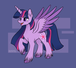 Size: 1569x1400 | Tagged: safe, artist:glassygreatart, twilight sparkle, alicorn, classical unicorn, pony, g4, cloven hooves, horn, leonine tail, smiling, solo, spread wings, twilight sparkle (alicorn), unshorn fetlocks, wings