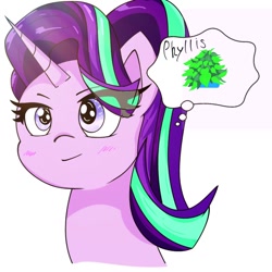 Size: 768x768 | Tagged: safe, artist:zeon_starlight, phyllis, starlight glimmer, pony, unicorn, g4, bust, cargo ship, duo, eye clipping through hair, female, horn, mare, philodendron, phylliglimmer, plant, portrait, potted plant, shipping, simple background, starry eyes, text, thought bubble, white background, wingding eyes