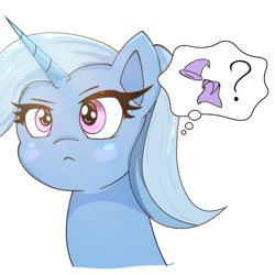 Size: 768x768 | Tagged: safe, artist:zeon_starlight, trixie, pony, unicorn, g4, bust, cape, clothes, female, hat, horn, mare, portrait, question mark, simple background, solo, starry eyes, thought bubble, trixie's cape, trixie's hat, white background, wingding eyes