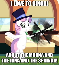 Size: 500x552 | Tagged: safe, edit, edited screencap, screencap, sweetie belle, pony, unicorn, g4, growing up is hard to do, being big is all it takes, bipedal, cane, cropped, female, hat, looney tunes, mare, older, older sweetie belle, parody, singing, solo, south park, top hat, train
