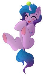 Size: 2336x3817 | Tagged: safe, artist:vetta, izzy moonbow, pony, unicorn, g5, ball, blushing, colored underhoof, eyes closed, full body, happy, heart, high res, hoof heart, horn, izzy's tennis ball, laughing, open mouth, simple background, solo, tennis ball, white background