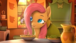 Size: 3840x2160 | Tagged: safe, artist:sylthena, fluttershy, pegasus, pony, g4, 3d, 4k, book, bookshelf, bush, chair, coffee, cozy, cute, daaaaaaaaaaaw, dinner, fluttershy's cottage, folded wings, food, furnace, happy, herbivore, high res, horn, indoors, jug, lamp, looking sideways, nature, offscreen character, open mouth, pov, romance, romantic, salad, shyabetes, sitting, solo, soup, source filmmaker, steam, table, talking, tree, volumetric light, window, wings