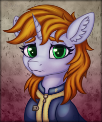 Size: 1400x1677 | Tagged: safe, artist:eltaile, oc, oc only, oc:littlepip, pony, unicorn, fallout equestria, bust, clothes, ear fluff, female, jumpsuit, looking at you, mare, solo, vault suit