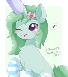 Size: 599x680 | Tagged: safe, artist:ginmaruxx, oc, oc only, oc:kazumi, pony, unicorn, blushing, clothes, cute, female, head pat, horn, japanese, mare, music notes, ocbetes, offscreen character, one eye closed, open mouth, open smile, pat, patting, raised hoof, ribbon, smiling, socks, solo, speech bubble, striped socks