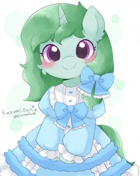Size: 1916x2402 | Tagged: safe, artist:ginmaruxx, oc, oc only, oc:kazumi, pony, unicorn, blushing, bowtie, circle background, clothes, cute, dress, female, horn, japanese, looking at you, mare, ocbetes, ribbon, simple background, smiling, smiling at you, solo, white background