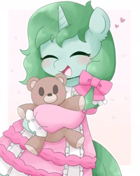 Size: 1635x2048 | Tagged: safe, artist:ginmaruxx, oc, oc only, oc:kazumi, pony, unicorn, bipedal, clothes, cute, dress, emanata, eyes closed, female, heart, hoof hold, horn, hug, mare, ocbetes, open mouth, open smile, plushie, ribbon, simple background, smiling, solo, teddy bear, white background