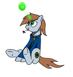 Size: 1765x1860 | Tagged: source needed, useless source url, safe, artist:kirill, oc, oc only, oc:littlepip, pony, unicorn, fallout equestria, :>, brown mane, brown tail, clothes, female, gray coat, green eyes, horn, jumpsuit, magic, mare, sitting, solo, tail, telekinesis, unicorn oc, vault suit