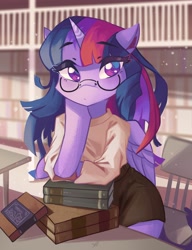 Size: 3144x4096 | Tagged: safe, artist:saxopi, twilight sparkle, alicorn, semi-anthro, anime style, aquarius, bibliophile, blurry background, book, bookshelf, bookworm, clothes, colored pupils, eyebrows, eyebrows visible through hair, eyelashes, female, folded wings, glasses, high res, hoof on chin, horn, library, looking at you, mare, meganekko, multicolored mane, nerd, pensive, purple coat, purple eyes, round glasses, shirt, signature, solo, tail, twilight sparkle (alicorn), wings