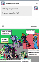 Size: 1172x1857 | Tagged: safe, artist:ask-luciavampire, oc, changeling, earth pony, pegasus, pony, unicorn, ask ponys gamer club, ask, tumblr