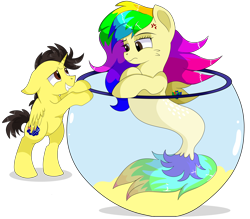 Size: 8800x7710 | Tagged: safe, artist:rainbowtashie, oc, oc:rainbow tashie, oc:tommy the human, alicorn, pony, seapony (g4), alicorn oc, annoyed, australia, bipedal, child, colt, commissioner:bigonionbean, cute, daaaaaaaaaaaw, dialogue, duo, female, fish bowl, foal, grin, horn, hug, male, seaponified, simple background, smiling, species swap, thought bubble, transparent background, unamused, wings