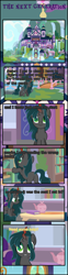 Size: 1063x4289 | Tagged: safe, artist:shootingstarsentry, oc, oc:nightshade (digimonlover101), changeling, changepony, hybrid, pony, unicorn, comic:the next generation, book, bookshelf, comic, female, interspecies offspring, mare, offspring, parent:king sombra, parent:queen chrysalis, parents:chrysombra, school of friendship