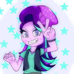 Size: 768x768 | Tagged: safe, artist:zeon_starlight, starlight glimmer, equestria girls, g4, beanie, clothes, female, hat, looking at you, peace sign, solo, starry background, stars