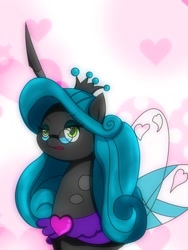 Size: 768x1024 | Tagged: safe, artist:zeon_starlight, idw, queen chrysalis, changeling, changeling queen, g4, reflections, spoiler:comic, bust, female, glasses, heart, heart background, lidded eyes, loving chrysalis, mare, mirror universe, reversalis, solo