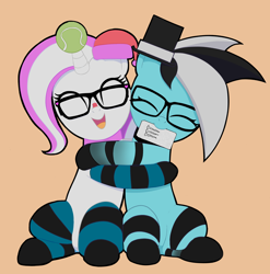 Size: 2436x2470 | Tagged: safe, artist:darktomato, oc, oc only, oc:med, oc:purapoint, earth pony, pony, unicorn, ball, blue pony, christmas, clothes, cute, earth pony oc, female, glasses, happy, hat, high res, holiday, hooves, horn, hug, hugging a pony, looking at each other, male, mare, monster energy, santa hat, simple background, sitting, smiling, smiling at each other, socks, stallion, stripes, tennis ball, top hat, unicorn oc, wholesome, yellow background