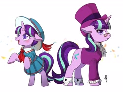 Size: 1907x1430 | Tagged: safe, artist:hosikawa, snowfall frost, starlight glimmer, pony, unicorn, a hearth's warming tail, g4, bipedal, clothes, cute, dress, eye clipping through hair, eyebrows, eyebrows visible through hair, female, filly, filly starlight glimmer, glasses, glimmerbetes, hat, jabot, looking at you, mare, open mouth, simple background, skirt, smiling, smiling at you, solo, standing on two hooves, top hat, white background, younger