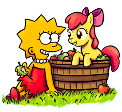 Size: 1913x1756 | Tagged: safe, artist:larrychan, apple bloom, earth pony, pony, g4, apple, crossover, female, filly, foal, food, grin, lisa simpson, looking at each other, looking at someone, male, redraw, simple background, smiling, the simpsons, white background