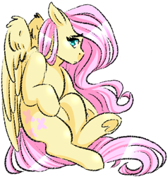 Size: 465x488 | Tagged: safe, artist:modharvest, fluttershy, pegasus, pony, g4, aside glance, female, looking at you, mare, partially open wings, profile, raised leg, simple background, sitting, solo, underhoof, white background, wings
