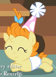 Size: 667x910 | Tagged: safe, screencap, pumpkin cake, pony, unicorn, baby cakes, g4, baby, baby pony, cropped, diaper, eyes closed, female, filly, foal, hat, party hat, slipping, solo, white diaper