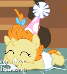 Size: 731x805 | Tagged: safe, screencap, pumpkin cake, pony, baby cakes, g4, baby, baby pony, cropped, diaper, eyes closed, hat, lying down, party hat, prone, solo, sploot, white diaper