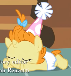 Size: 740x792 | Tagged: safe, screencap, pumpkin cake, pony, baby cakes, g4, baby, baby pony, cropped, cute, cute baby, diaper, eyes closed, hat, party hat, solo, white diaper