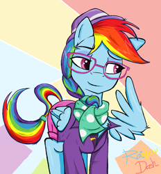 Size: 1232x1328 | Tagged: safe, artist:sallycars, rainbow dash, pegasus, pony, g4, abstract background, alternate hairstyle, clothes, glasses, hat, hipster, ms paint, scarf, shirt, shorts, solo, wing hands, wings