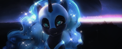 Size: 1331x542 | Tagged: safe, artist:annaxeptable, nightmare moon, alicorn, pony, g4, g5, cute, cute little fangs, ethereal mane, fangs, female, g4 to g5, mare, slit pupils, solo, style emulation