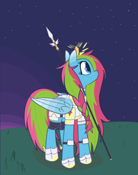 Size: 2044x2580 | Tagged: safe, artist:modera, oc, oc only, oc:media smile, pegasus, pony, armor, high res, night, solo, spear, stars, weapon