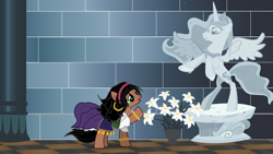 Size: 1366x768 | Tagged: safe, artist:evilbob0, princess luna, earth pony, pony, g4, crossover, disney, esmeralda (the hunchback of notre dame), female, flower, god help the outcasts, mare, ponified, statue, the hunchback of notre dame