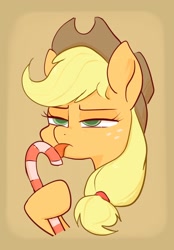 Size: 1520x2190 | Tagged: safe, artist:noupu, applejack, earth pony, pony, g4, applejack is not amused, bust, candy, candy cane, female, food, hoof hold, licking, mare, scene interpretation, solo, tongue out, unamused