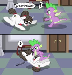 Size: 1731x1799 | Tagged: safe, artist:banquo0, raven, spike, dragon, pony, unicorn, g4, 2 panel comic, bad anatomy, coffee, comic, commission, drinking, duo, female, glasses, male, mare, ship:ravenspike, shipping, speech bubble, straight, text