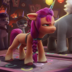 Size: 804x804 | Tagged: safe, screencap, alphabittle blossomforth, sunny starscout, earth pony, pony, unicorn, g5, my little pony: a new generation, spoiler:my little pony: a new generation, cropped, crystal tea room, determined, disguise, fake horn, female, male, mare, stallion