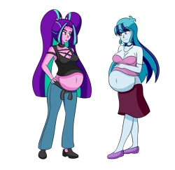 Size: 1364x1328 | Tagged: safe, artist:jake heritagu, artist:pacificside18, aria blaze, sonata dusk, comic:aria's archives, equestria girls, g4, belly, belly button, big belly, breasts, busty aria blaze, busty sonata dusk, clothes, female, hand on hip, jeans, pants, pigtails, pregnant, pregnata dusk, shoes, simple background, skirt, tank top, transparent background, twintails